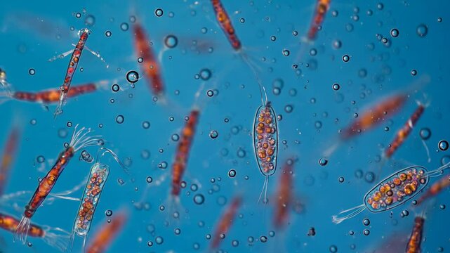 3D animation: Diverse aquatic microbes. Central spiky green colonial organism, flagellates drift in blue water with bubbles and particles. Science, biology visualization.