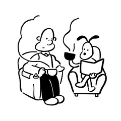 Human and dog reading with coffee, cozy literary scene