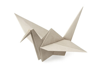 Light brown origami crane flying on transparent background, symbol of peace and longevity in japanese culture