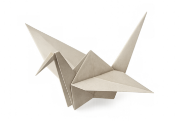 Light brown origami crane flying on transparent background, symbol of peace and longevity in japanese culture