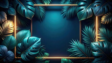 Tropical monstera and palm leaves framing golden neon template on turquoise background. - Powered by Adobe