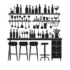 Stylish Bar Counter Silhouette Vector Illustration with Bottles and Stools