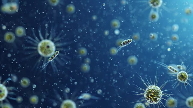 3D animation: Diverse aquatic microbes. Central spiky green colonial organism, flagellates drift in blue water with bubbles and particles. Science, biology visualization.