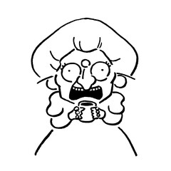 Shocked old woman with coffee, humorous expression