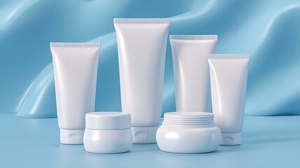 A variety of blank white cosmetic containers and tubes arranged on a smooth blue satin background for skincare branding.