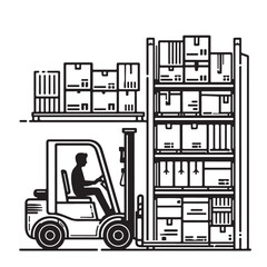 Forklift Silhouette Working in Warehouse Stacking Boxes on Shelves