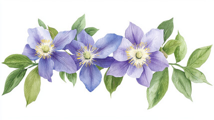 Watercolor floral illustration featuring vibrant purple flowers and lush green leaves, evoking sense of tranquility and beauty