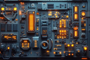 Futuristic control panel showing illuminated lights and digital displays in a complex arrangement
