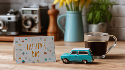 Warm Father's Day card, fresh coffee, and toy car on a cheerful kitchen counter in morning light setting for holiday focus