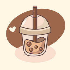 Cute bubble tea illustration. Vector kawaii drink with tapioca