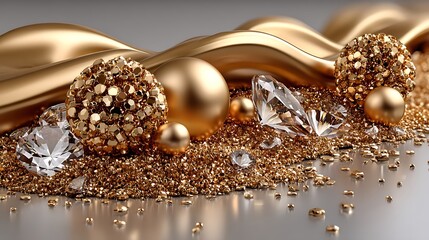 Luxurious golden flower with glitter details and diamond sparkle on satin wave high resolution background