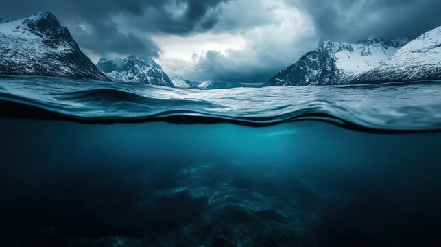 Underwater and Above-Water View of Snow-Capped Mountains with Stormy Sky - Powered by Adobe