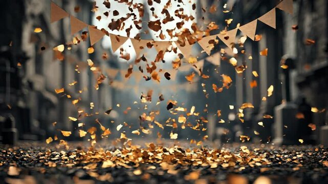 Halloween Golden Confetti Cascades in Festive Street Celebration with Joyful Atmosphere and Decorations
