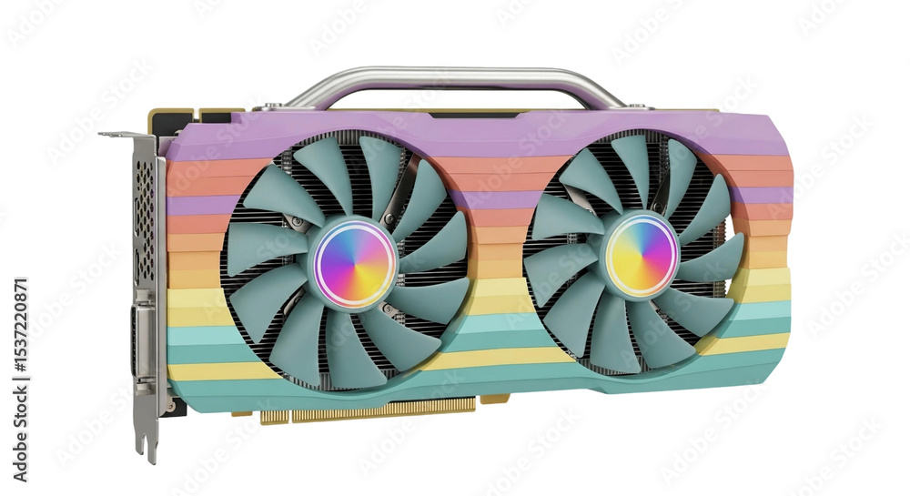 Fototapete Isolated graphic card showcasing dual fans and pastel striped design for computer graphics processing unit on transparent background