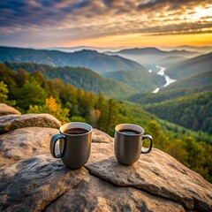 Scenic overlook with two coffee mugs resting on rock