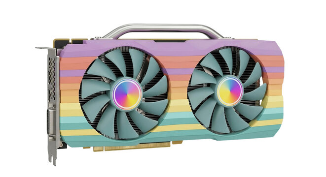 Isolated graphic card showcasing dual fans and pastel striped design for computer graphics processing unit on transparent background