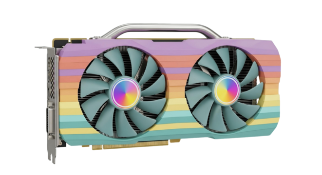 Isolated graphic card showcasing dual fans and pastel striped design for computer graphics processing unit on transparent background