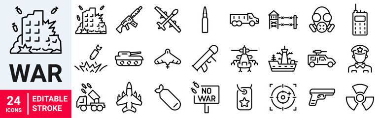 War web icons in line style. Army, battle, conflict, military, missile, refugees, bomb, tank, collection. Vector illustration.
