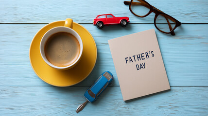 Father's Day morning scene laid out with warm tones, reading glasses, coffee, and toy car beside thoughtful greeting