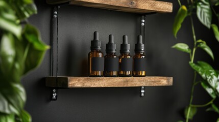 Dark-toned wooden shelves display amber glass dropper bottles with black labels, set against a dark backdrop and framed by greenery