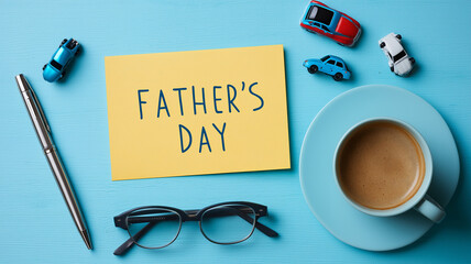 Flat lay composition for Father's Day with coffee, greeting card, toy car, and glasses on bright cheerful table