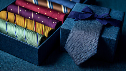Elegant Fathers Day gift banner with vibrant ties and blue present styled on dark navy background for visual charm