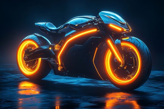 Futuristic motorcycle concept with neon orange glowing accents and a dramatic dark background