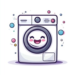 Cheerful, cartoon washing machine with a smiling face, surrounded by colorful bubbles