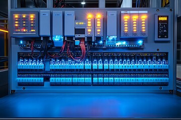 Detailed view of a modern electrical control panel displaying active indicators and wiring