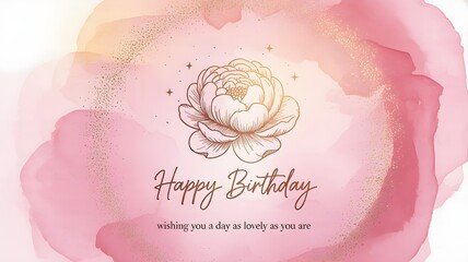 Happy birthday card with a pink peony flower and gold accents