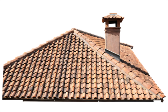 Clay tile roof with chimney isolated on a white background - Powered by Adobe