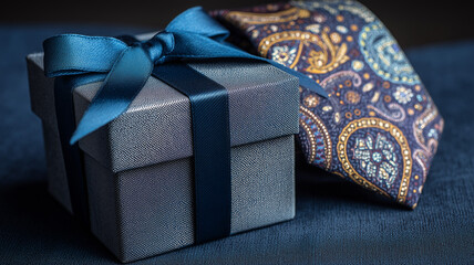Patterned neckties and blue wrapped present set on textured deep blue background honoring Fathers Day occasion