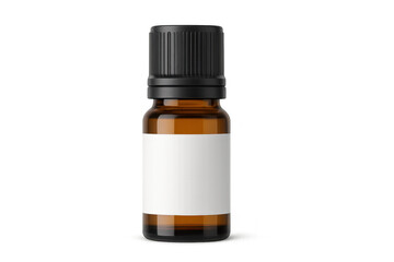 Obraz premium Amber glass dropper bottle with blank label, resting on clean transparent surface, highlighting minimalist packaging design