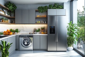Modern kitchen design featuring a stylish stainless steel refrigerator and lush green plants for freshness.