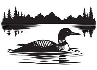 Silhouette of a Loon on Lake Landscape Vector Illustration