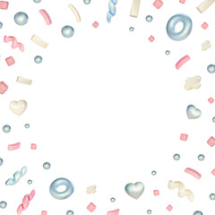 Cartoon 3d confetti frame. Colorful particles heart and serpentine, holiday party elements, cute style, card background, glossy render stars and dots, firecrackers classy vector concept