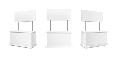 Advertising stands. Display table, Realistic blank retail kiosk or counters different angles, 3d promotional desk with sign top, clean empty promo tables Vector isolated set © lightgirl