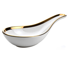 Elegant white porcelain spoon with golden trim for culinary use on transparent background