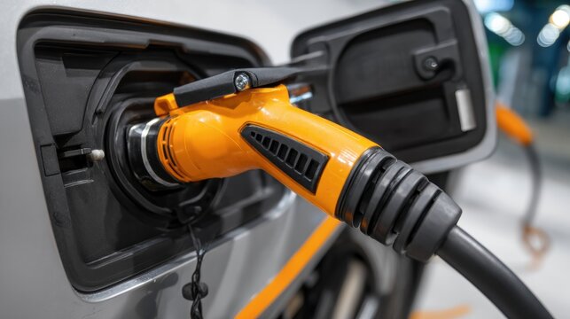 Electric Vehicle Charging: Close-Up of a Charging Nozzle Connected to a Car Port - Powered by Adobe