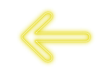 Obraz premium Left pointing golden yellow color neon bright light arrow with glowing effect on transparent background for stylish designs