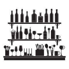 Detailed silhouette bar shelf filled with bottles and glasses