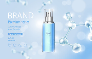 Moisturizer and hyaluronic acid on a blue background with molecules model. Skin care, lotions, serums, creams. medical and scientific concepts. vector.