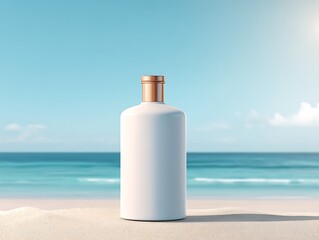 Minimalist white bottle with copper cap standing on sandy beach under clear blue sky near ocean water.