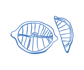 Hand-drawn lemon slices in blue line art style with Mediterranean aesthetic. Simple sketch of whole and cut citrus fruit, perfect for packaging, cafe menus, or summer-themed projects.