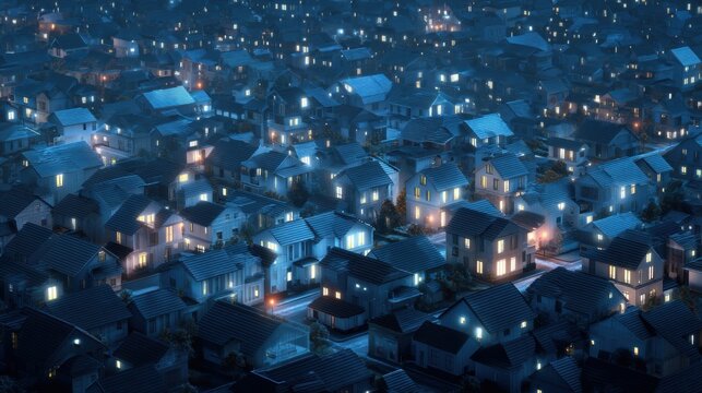 Aerial View of a Residential Neighborhood at Night