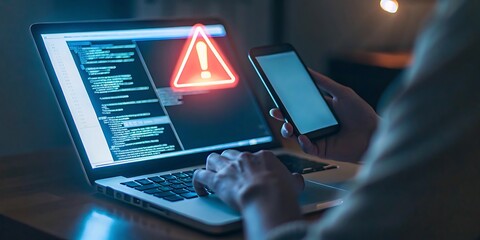 Warning about the use of virtual screen technology on smartphones, cyberattacks on networks or malicious software. Cyber Security and Crime, Compromised Internet Data, Privacy, Data Breach, Hacker.Al