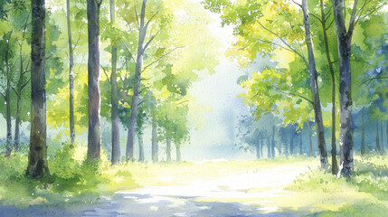 Obraz premium serene watercolor landscape depicting lush forest with vibrant green trees and soft sunlight filtering through leaves, creating peaceful