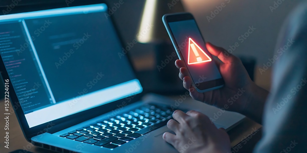 Poster warning about the use of virtual screen technology on smartphones, cyberattacks on networks or malic