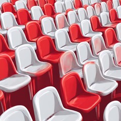 Obraz premium Realistic white and red tribune at stadium rows vector illustration. Arena seats audience chair public competition event sit isolated. Plastic place section for comfortable looking match sports game