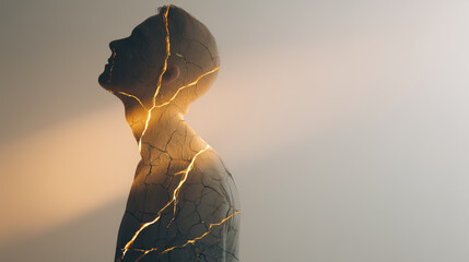 Silhouette of human figure with glowing cracks symbolizing mental health, emotional healing, inner strength and nature connection. Conceptual double exposure with light and texture.